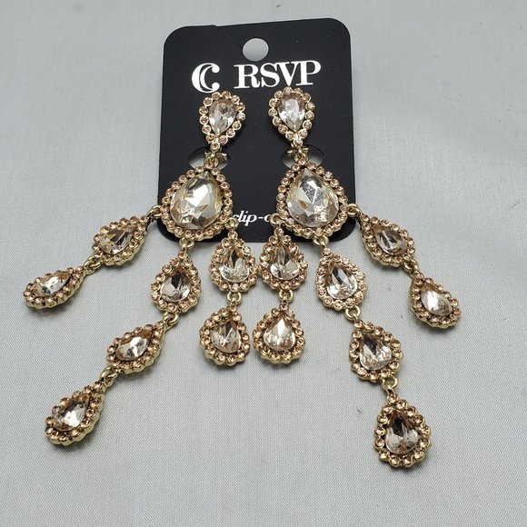 RSVP rose gold water drop chandelier clip earring with rhinestones - Picture 4 of 4